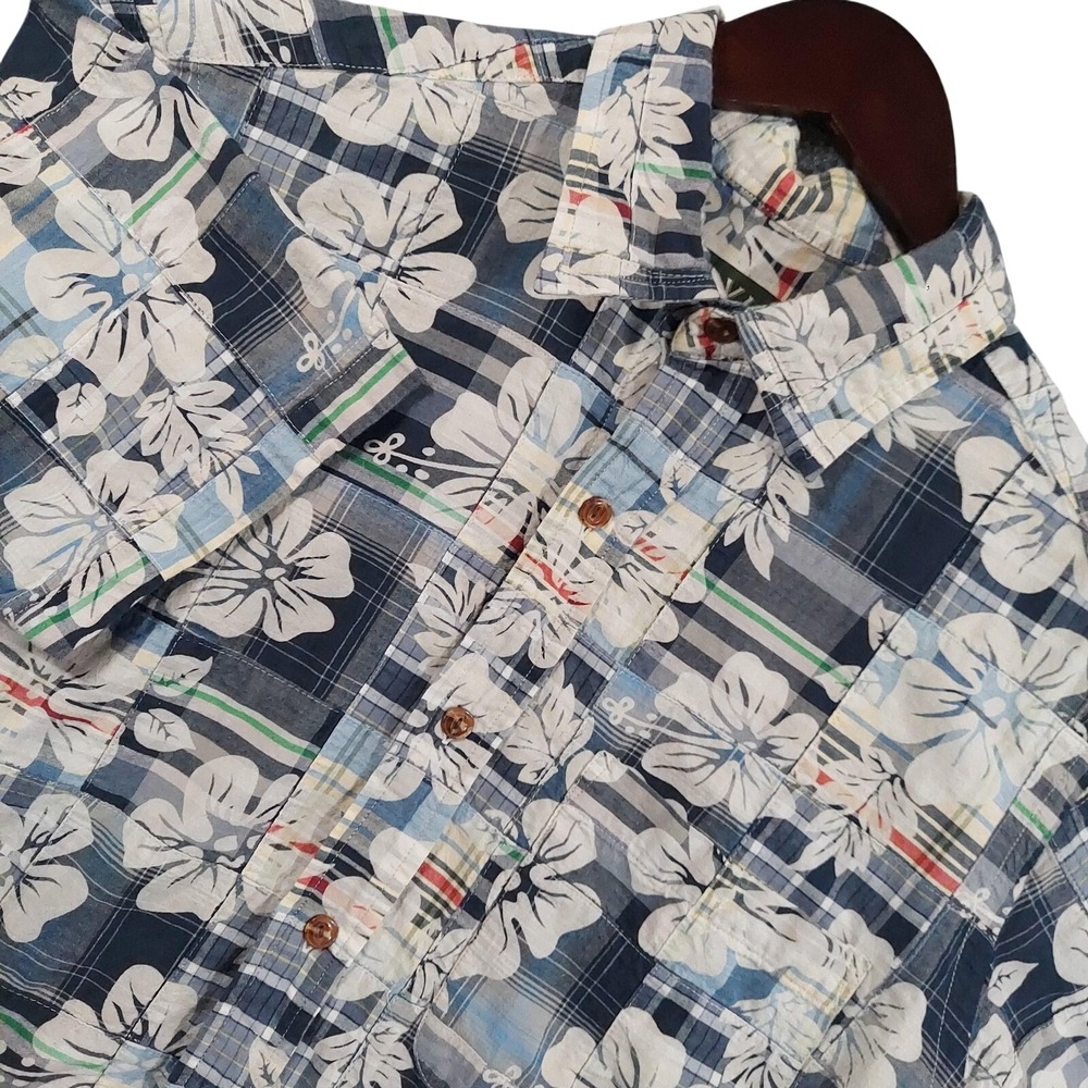 Vintage Orvis Shirt Mens Medium Blue Floral Patchwork Plaid Hawaiian
